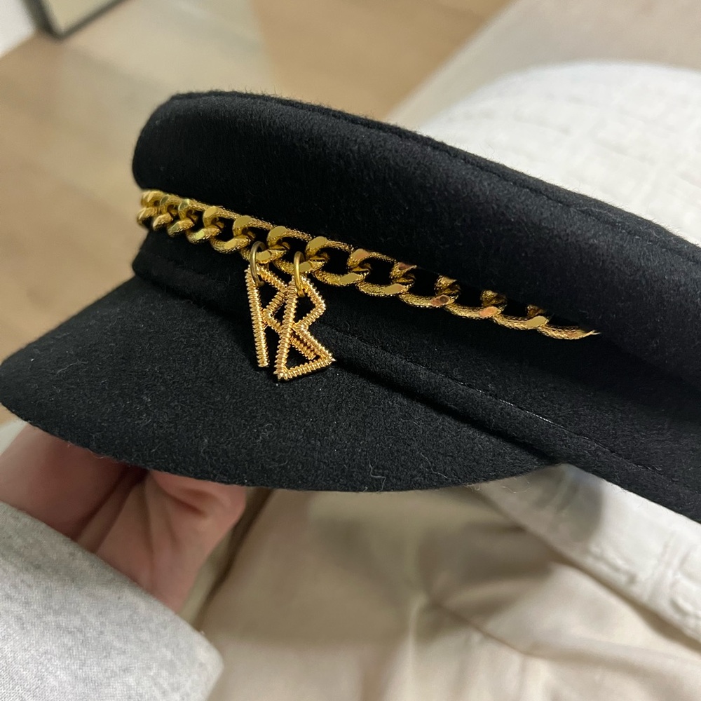 Black Wool Chain Baker Boy Hat with Gold Accent